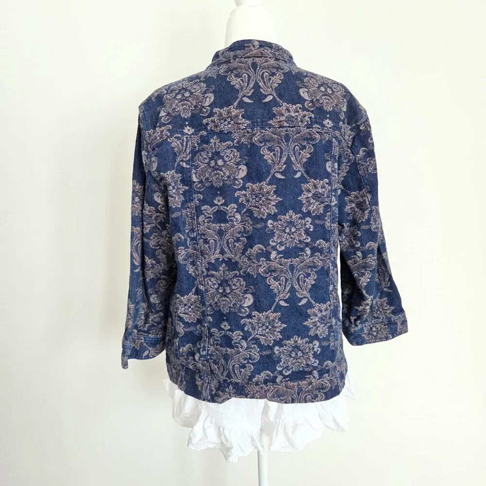 Y2K Floral Tapestry Denim Jacket Size 12 Blue‎ Boho Hippie Indie Western Vintage